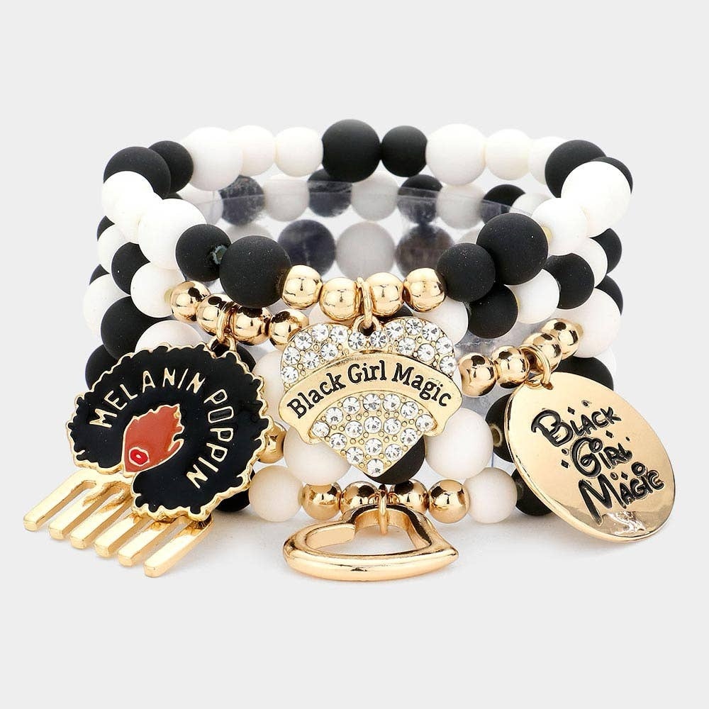 Black and White Beaded Bracelet Set with Gold Charms